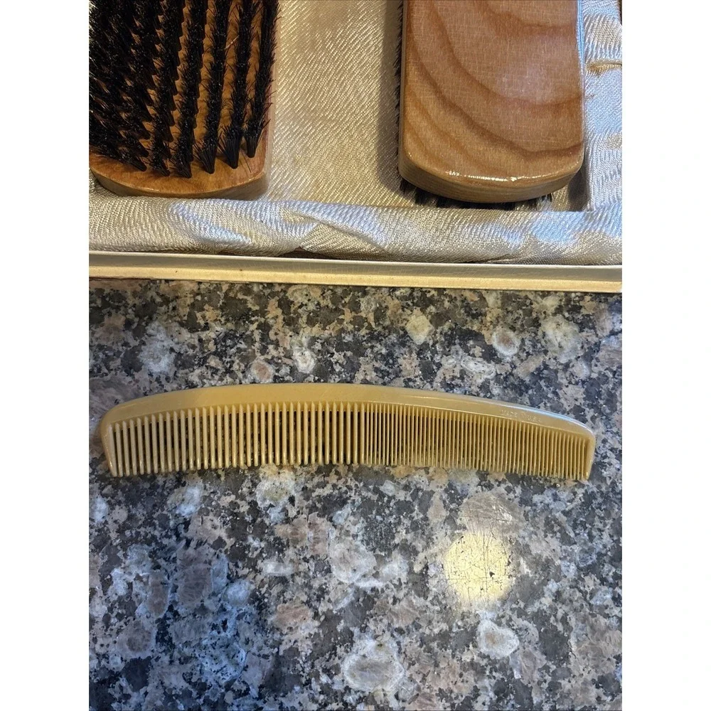 Vintage 1950s Mohawk Wooden Hair Brush & Comb Gift Set - Original Plaid Box